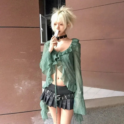 Cathy Dollette Japanese  Lace Shirt Vintage 2000s Style Ruffles Blouses Grunge s Irregular Green Shirts American Retro 90s