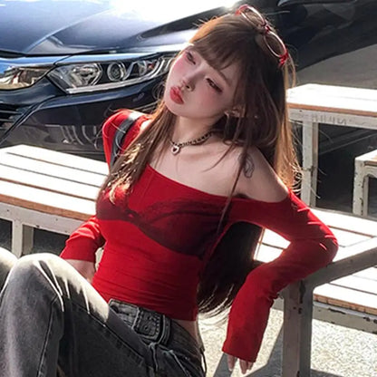 Cathy Dollette Hotsweet Off Shoulder Graphic T Shirts Long Sleeve Slim Autumn Top2000s Clothes  Tees Female Clothing  Chic