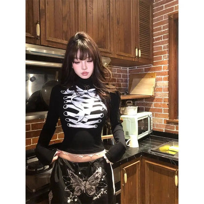 Cathy Dollette Harajuku Print T Shirt  Skinny Turtleneck Crop TopLace  Aesthethic Vintage Tshirts Streetwear Grunge Tops
