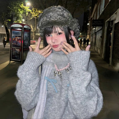 Cathy Dollette Japanese  Bow-knot Sweater Korean Style Gray Cropped Pullover Vintage Harajuku Knit Jumper 2000s s Knitwears
