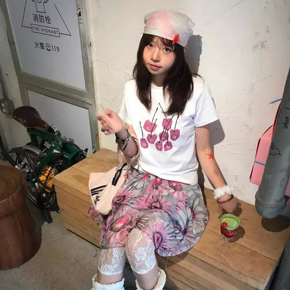 Cathy Dollette Harajuku T Shirt  Short Sleeve Print Graphic TopKorean Style  Vintage Tshirts White Slim Crop TopSummer