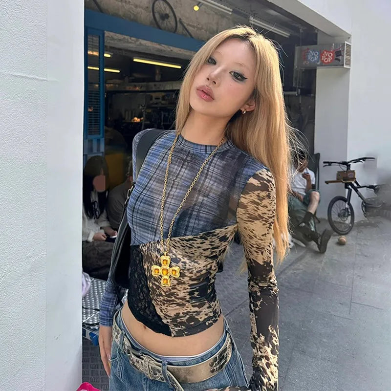 Cathy Dollette Japanese  Patchwork Mesh TopTrashy 2000s Lace Sheer Top Grunge s Irregular  Vintage Harajuku Korean