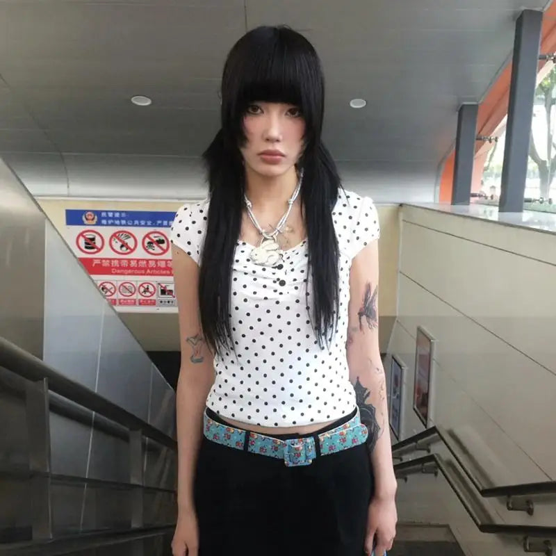 Cathy Dollette Japanese    Slim Polka Dot Crop Short Sleeve Streetwear Fairycore Grunge TopKoren Style Summer