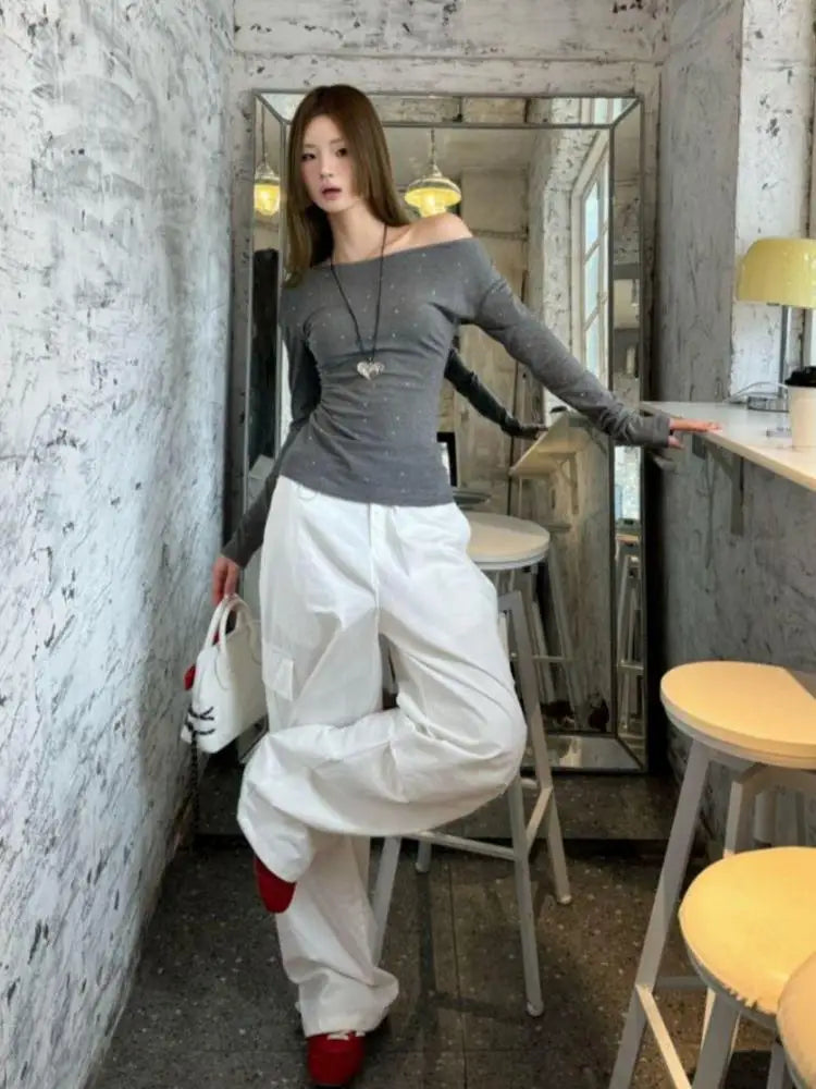 Cathy Dollette Hotsweet One Shoulder Dot T Shirt Long Sleeve Korean Fashion 's  2000s Clothes  Autumn TopTees Female