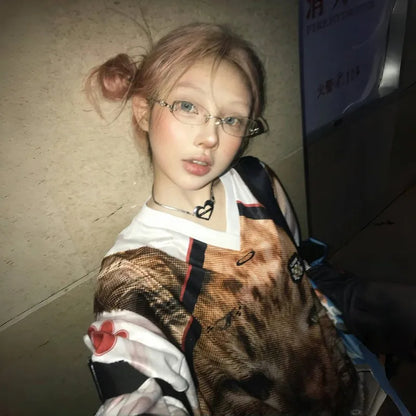Cathy Dollette Japanese  Kitten Print Jersey  Vintage Harajuku V-neck Long Sleeve Cat TopAmerican Retro Streetwear 2000s