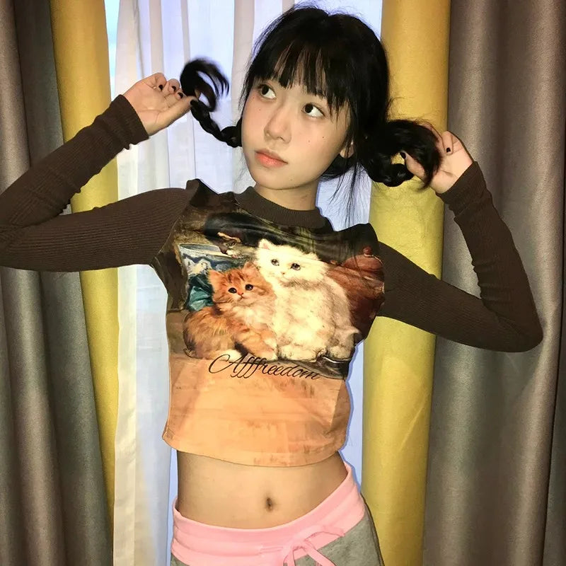 Cathy Dollette Japanese  Cat Print  2000s s Long Sleeve Crop TopVintage Harajuku Patchwork Ribbed TopKorean Cute