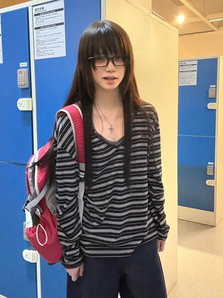 Cathy Dollette American Retro Striped   Casual Loose Hooded Tee TopV-neck  Grunge TopJapanese 2000s Tops