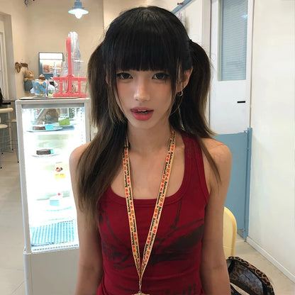 Cathy Dollette Japanese  Letter Print Tank Top Trashy 2000s Style Red Tanktop Vintage Harajuku Sleeveless Crop Top American Retro