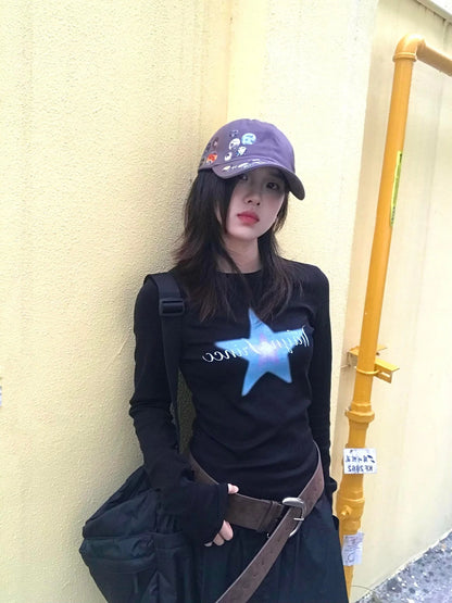 Cathy Dollette Harajuku Print Graphic Top Long Sleeve Black  Streetwear  Japanese Grunge TopAmerican Retro