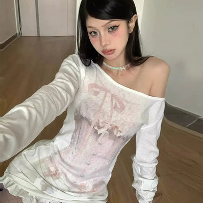 Cathy Dollette Harajuku Print Graphic Top Off Shoulder  Vintage T Shirt Streetwear Korean Style Casual Loose Tee Top2000s