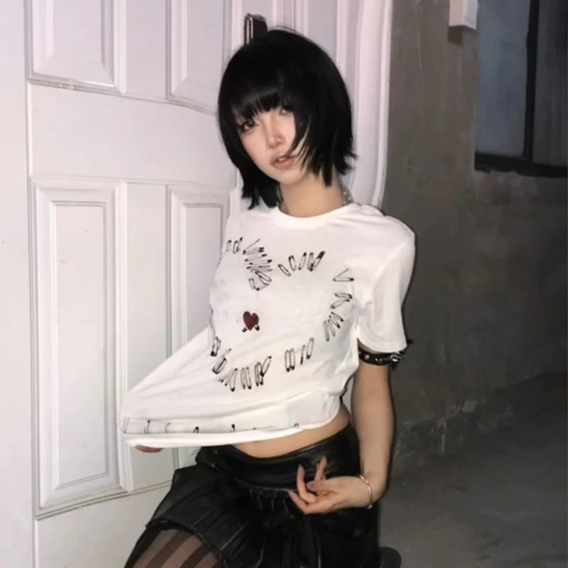 Cathy Dollette Japanese  Heart print  Trashy 2000s Style Short Sleeve Tee Shirt Vintage Harajuku Streetwear Grunge s