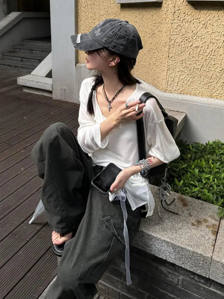 Cathy Dollette Hotsweet Loose Solid 's  See Through Long Sleeve Autumn TopKorean Fashion 2000s Clothes  Tees Female