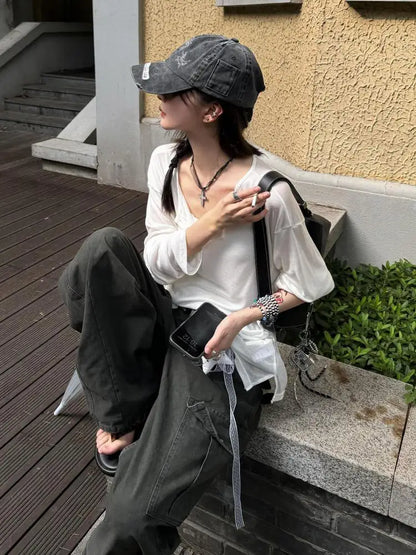 Cathy Dollette Hotsweet Loose Solid 's  See Through Long Sleeve Autumn TopKorean Fashion 2000s Clothes  Tees Female