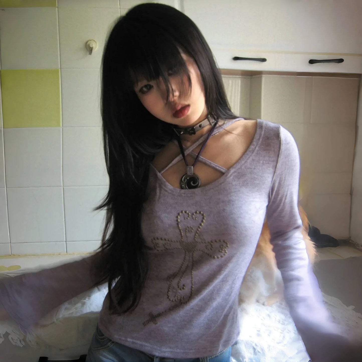 Cathy Dollette Japanese  Knitted TopGrunge s Flare Sleeve s Vintage Harajuku Purple Knitwear American Retro 2000s