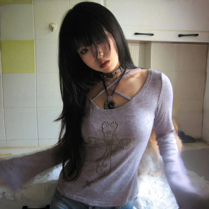 Cathy Dollette Japanese  Knitted TopGrunge s Flare Sleeve s Vintage Harajuku Purple Knitwear American Retro 2000s