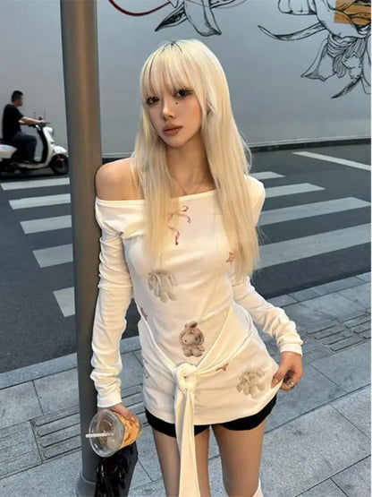 Cathy Dollette  Print Graphic T Shirts Long Sleeve Lace Up Japanese Style Spring Top Kawaii Tees Female Clothing Chic