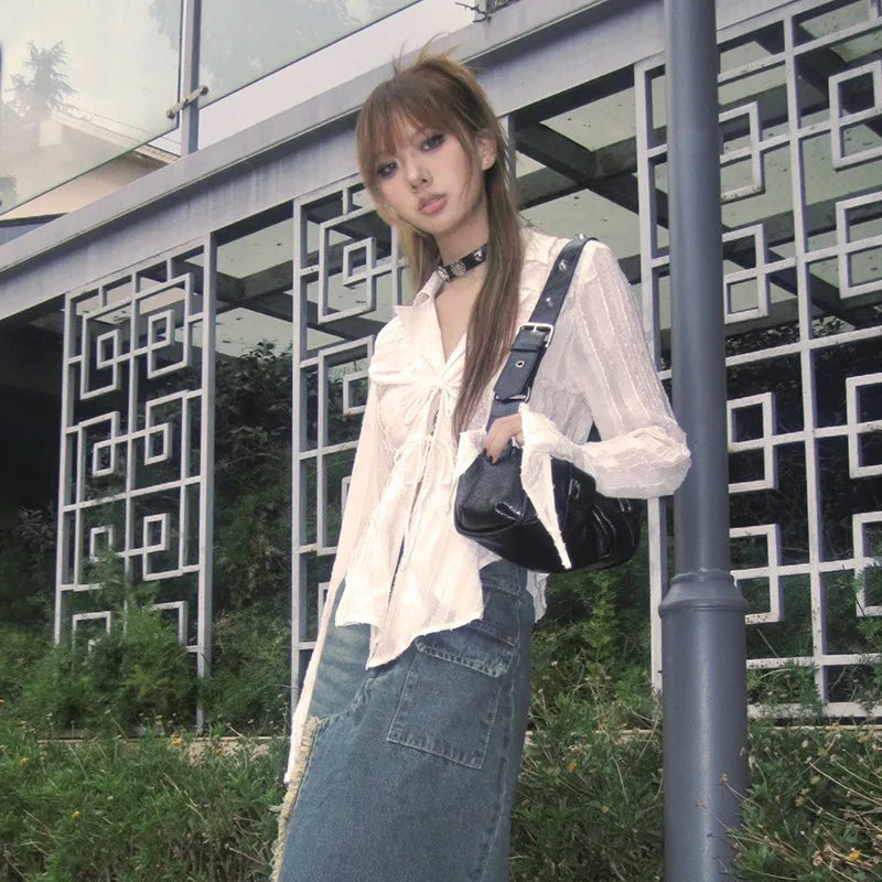 Cathy Dollette  s Pleated Shirt Fairycore Lace Up Blouse Trashy 2000s Style V-neck Shirt Irregular Japanese Harajuku 90s