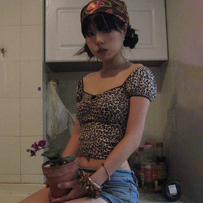 Cathy Dollette Japanese  Leopard Print TopVintage Harajuku Short Sleeve Crop Top Trashy 2000s V-neck Lace  Coquette Korean