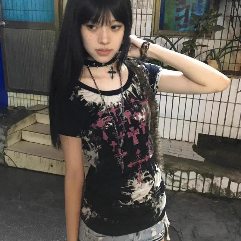 Cathy Dollette Gothic Graphic T Shirts Woman Clothes Short Sleeve Japan Style 2000s Clothes  Summer TopBlack Tees Female Clothing