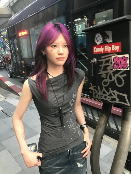 Cathy Dollette  Japanese   Irregular Print Graphic Top American Retro Grunge TopE-girls 2000s