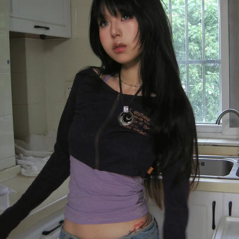 Cathy Dollette Japanese  TopTwo Piece Set Grunge s Patchwork  Vintage American Retro Zipper Tee Shirt High Street