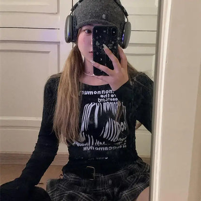 Cathy Dollette Retro Graffiti Print T Shirt  Sexy Slim  s Grunge Top Graphic T Shirts Streetwear Tee
