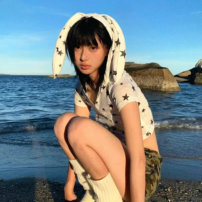 Cathy Dollette Japanese  Hooded  Vintage 2000s Style Rabbit Ears TopHarajuku Star Print Short Sleeve T Shirt Korean Popular