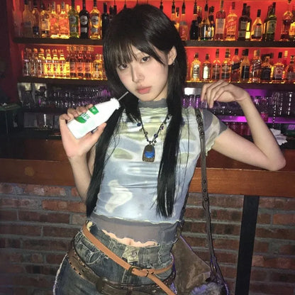 Cathy Dollette Trashy  Crop Top Japanese 2000s Style Mesh TopGrunge s Short Sleeve  Tie-dye Vintage Harajuku Tee