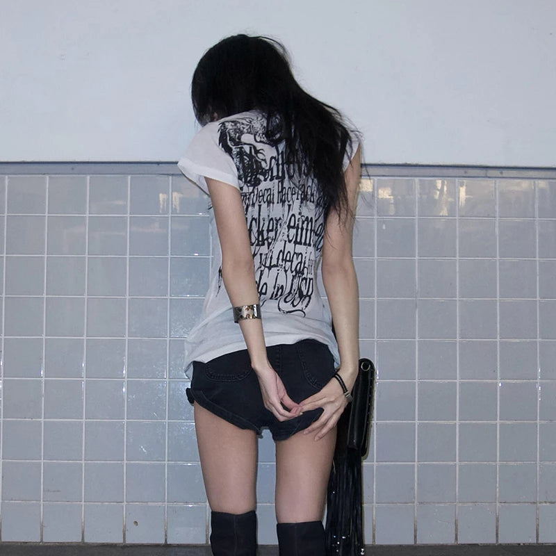 Cathy Dollette Japanese  Letter Print  Trashy 2000s Style Tattoo T Shirt Vintage Harajuku Short Sleeve Sheer TopGrunge Goth