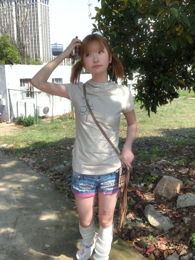 Cathy Dollette Korean Style   Slim Print Graphic Top  Japanese Grunge Top 2000s Tshirts E-girls