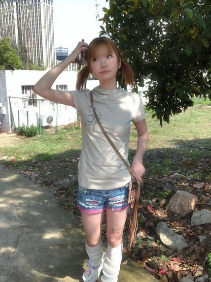 Cathy Dollette Korean Style   Slim Print Graphic Top  Japanese Grunge Top 2000s Tshirts E-girls