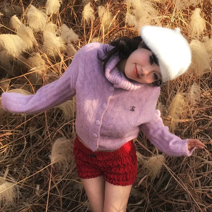 Cathy Dollette Japanese  Turtleneck Cardigans Vintage Korean Style Knitted Sweater 2000s s Pink Winter Knitwear Harajuku