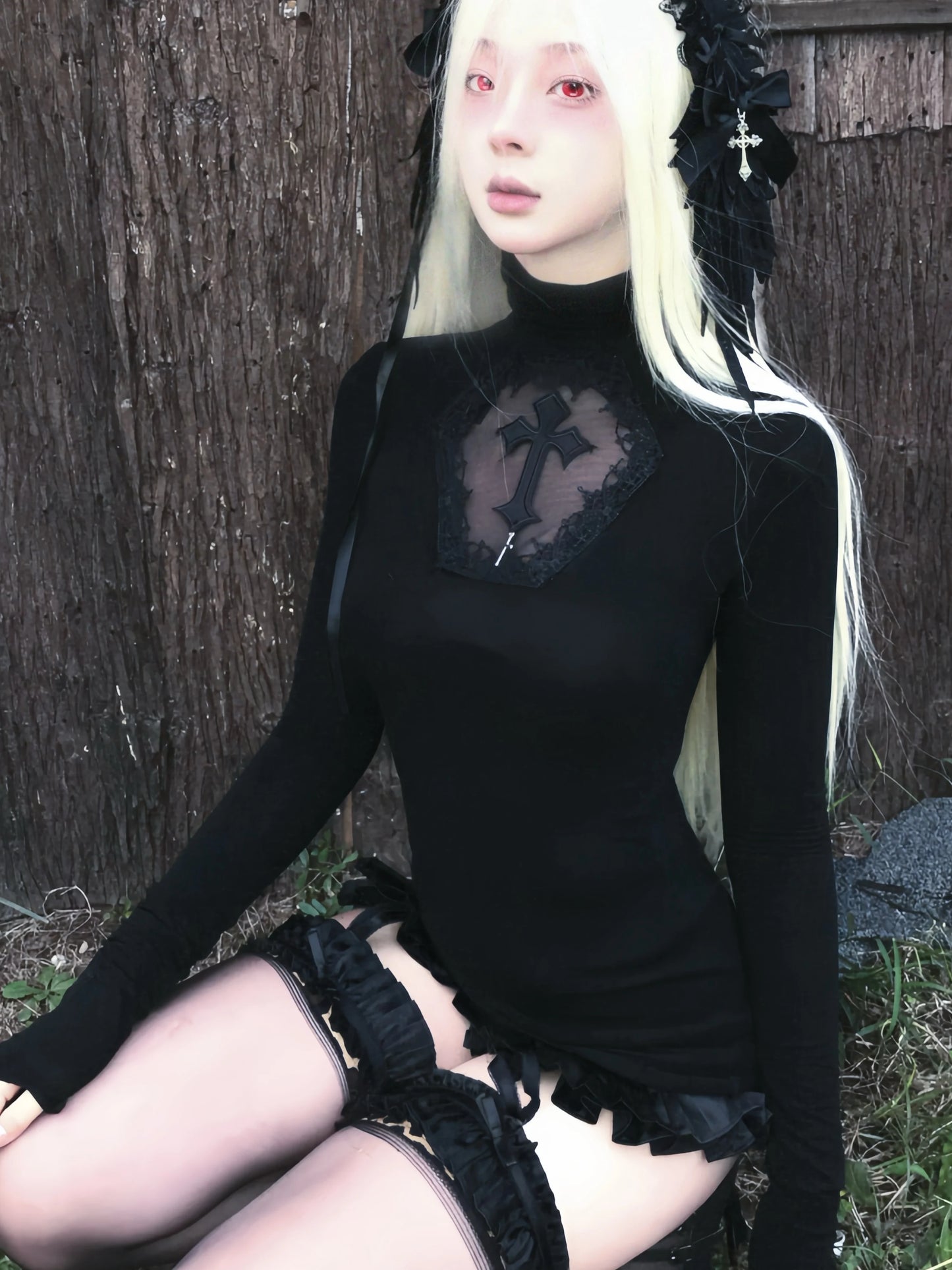 Cathy Dollette Gothic T Shirt  Hollow Out Turtleneck Y2 Vintage Crop Top Japanese 2000s Grunge Top Tshirt