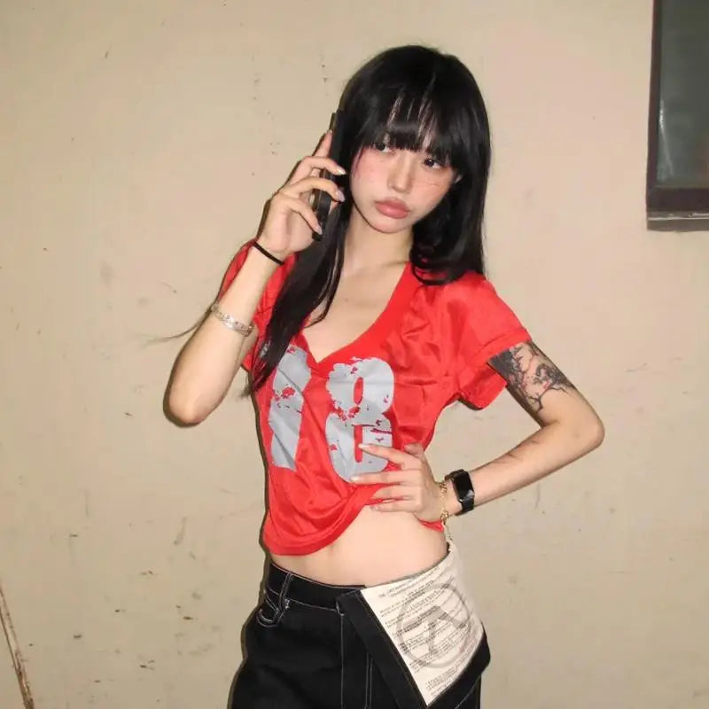Cathy Dollette  Vintage   Short Slevee Print Graphic Top Japanese 2000s Tee TopCasual V Neck Tshirts