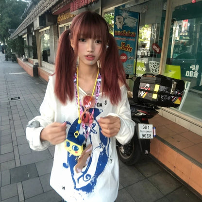 Cathy Dollette Japanese 2000s Print Graphic TopLong Sleeve  Vintage Tshirts  Casual Loose Tee TopE-girls American Retro