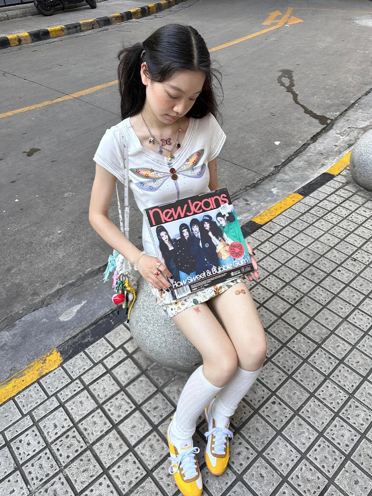 Cathy Dollette  Vintage Print T Shirt  Cotton Short Sleeve Korean Style Graphic Tees 2000s  Casual TopJapanese