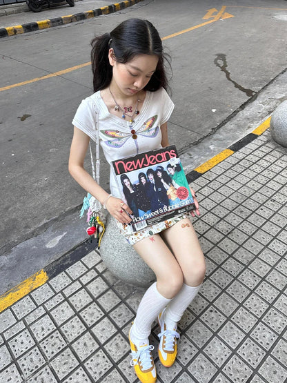 Cathy Dollette  Vintage Print T Shirt  Cotton Short Sleeve Korean Style Graphic Tees 2000s  Casual TopJapanese