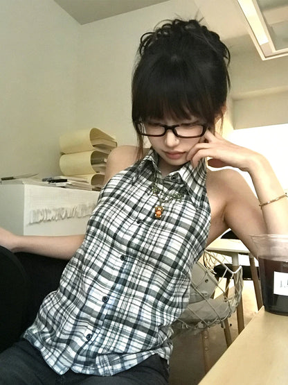 Cathy Dollette Japanese 2000s Plaid Tank Top Turn Down Collar  Vintage Top American Retro Tanks E-girls Summer