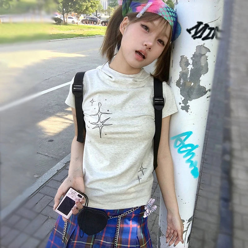 Cathy Dollette Japanese  Stand Collar  Trashy 2000s Style Short Sleeve Tee Shirt Vintage Harajuku Streetwear American Retro