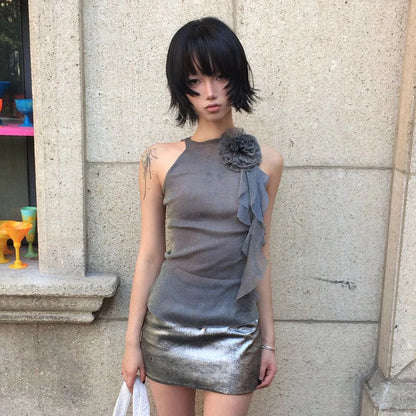 Cathy Dollette Japanese  Mesh Tank Top Trashy 2000s Style Sleeveless TopVintage Harajuku Flower Irregular Tanktop Fairy s