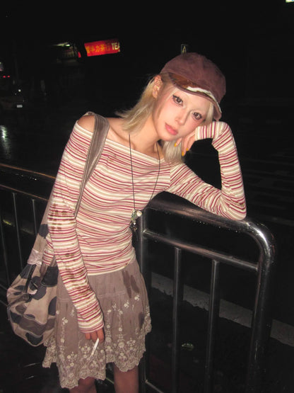 Cathy Dollette Vintage T Shirt  Striped Off Shoulder Crop Top Japanese 2000s Tee TopFemale Streetwear E-girls Tshirts