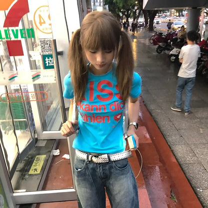 Cathy Dollette Japanese  Letter Print  Trashy 2000s Style Crop Top Vintage Harajuku Short Sleeve Tee Shirt American Retro 90s