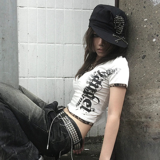 Cathy Dollette Grunge s Fake Two-piece TopTrashy 2000s Style Tattoo Print  Vintage  Leopard T Shirt American Retro
