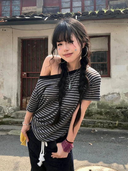 Cathy Dollette  Japanese T Shirt  Striped Off Shoulder Grunge Top 2000s  Tshirts American Retro TopTee