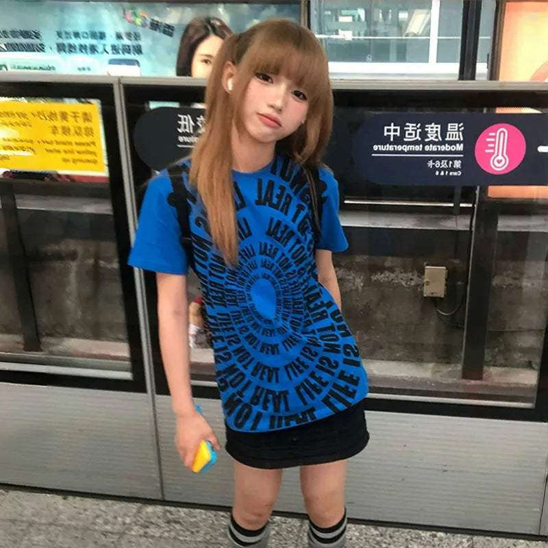 Cathy Dollette Japanese  Letter Print  Trashy 2000s Style Loose Tshirt Vintage Harajuku Short Sleeve Tee Shirt American Retro