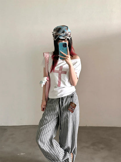 Cathy Dollette Korean Style Print   Short Sleeve Off Shoulder  Vintage TopJapanese 2000s Graphic TopTee Streetwear