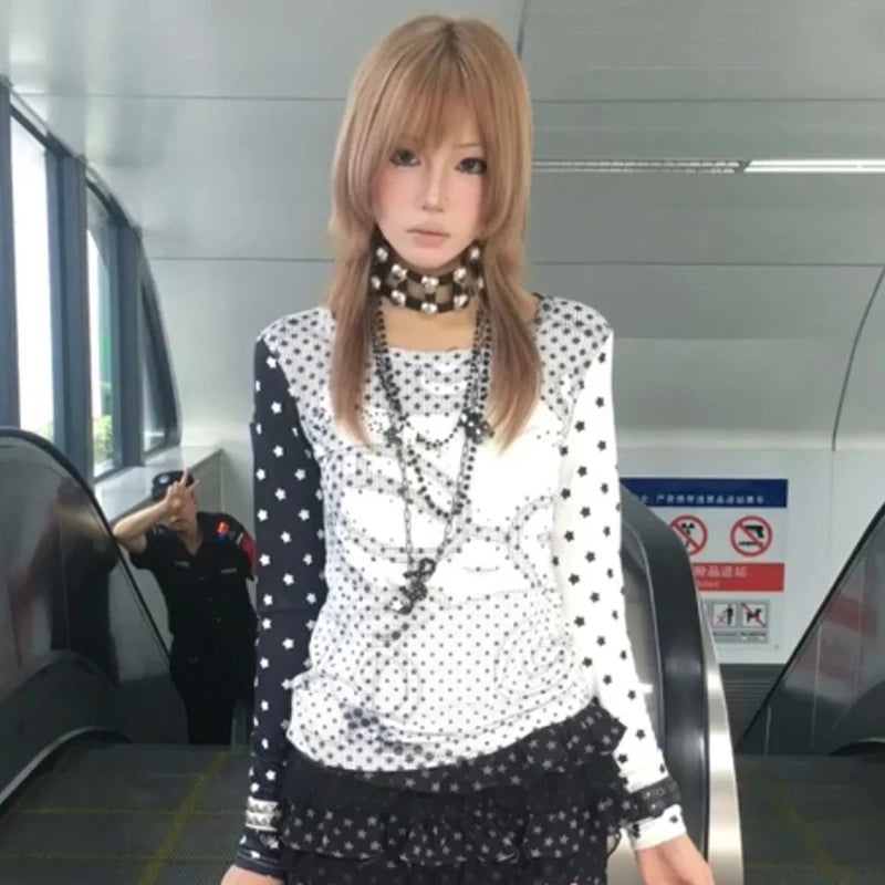 Cathy Dollette Japanese  Anime Print  2000s Style Polka Dot T Shirt Vintage Harajuku Long Sleeve Patchwork Top American Retro