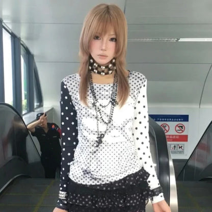 Cathy Dollette Japanese  Anime Print  2000s Style Polka Dot T Shirt Vintage Harajuku Long Sleeve Patchwork Top American Retro
