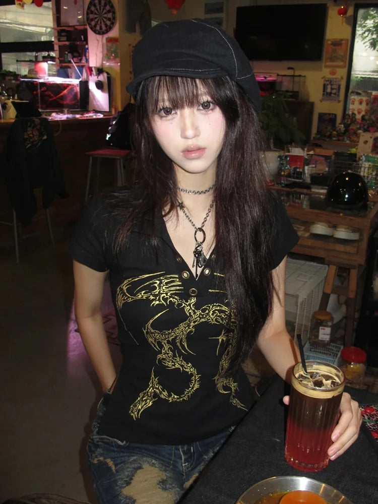 Cathy Dollette Gothic Vintage T Shirt  Turn Down Collar Crop TopBackless Lace Up  Print Tshirt  Japanese 2000s Graphic Tops