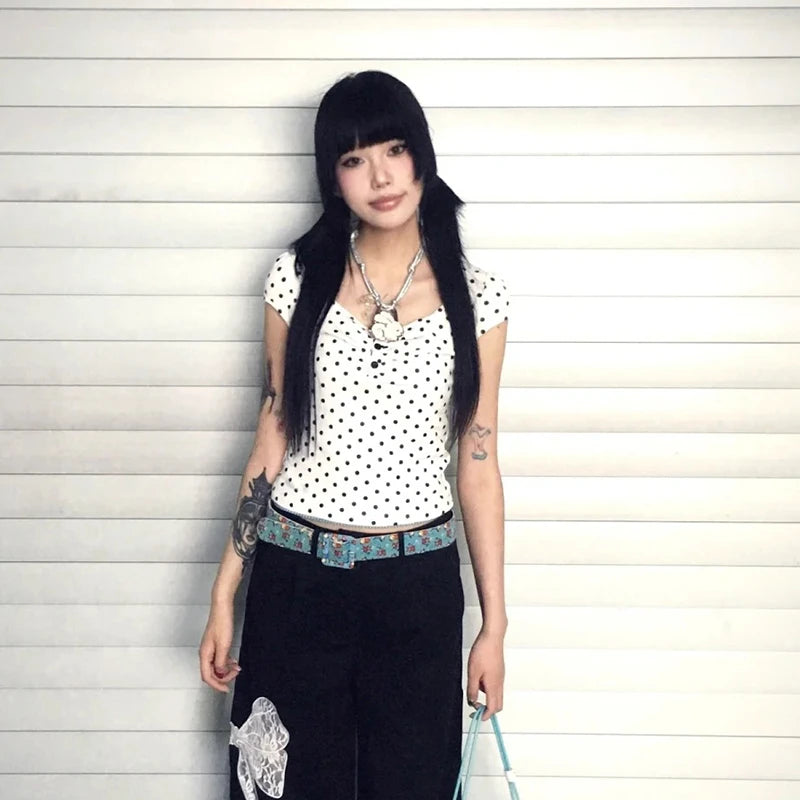 Cathy Dollette Japanese    Slim Polka Dot Crop Short Sleeve Streetwear Fairycore Grunge TopKoren Style Summer